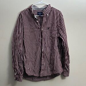 American Eagle Outfitters Men's Maroon and White Striped Shirt